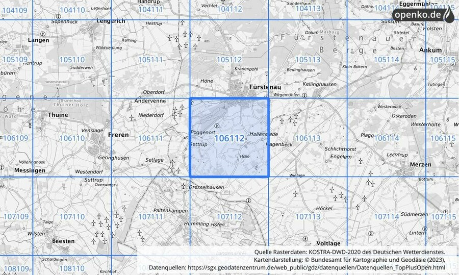 Übersichtskarte des KOSTRA-DWD-2020-Rasterfeldes Nr. 106112