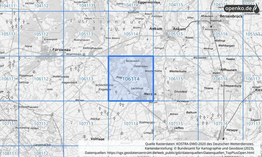 Übersichtskarte des KOSTRA-DWD-2020-Rasterfeldes Nr. 106114