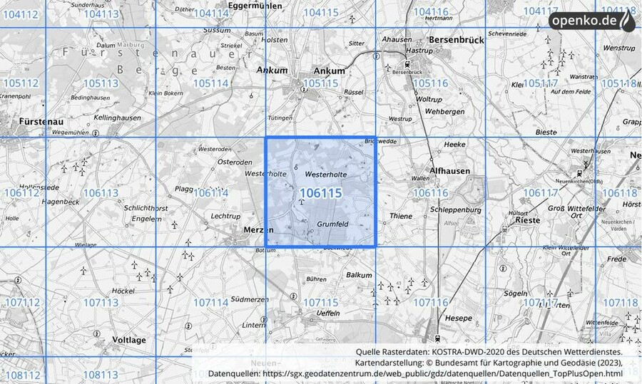 Übersichtskarte des KOSTRA-DWD-2020-Rasterfeldes Nr. 106115