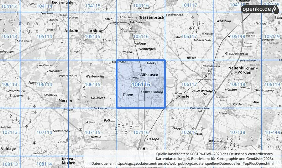 Übersichtskarte des KOSTRA-DWD-2020-Rasterfeldes Nr. 106116