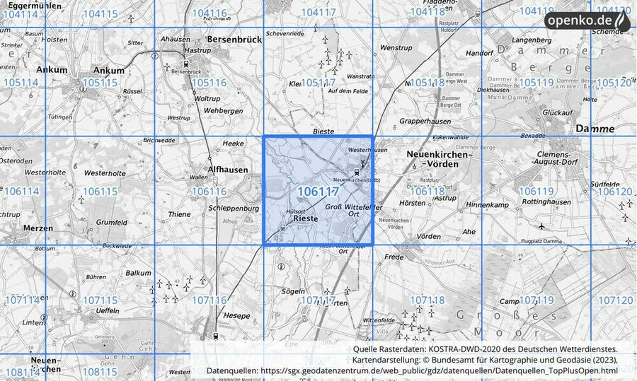 Übersichtskarte des KOSTRA-DWD-2020-Rasterfeldes Nr. 106117