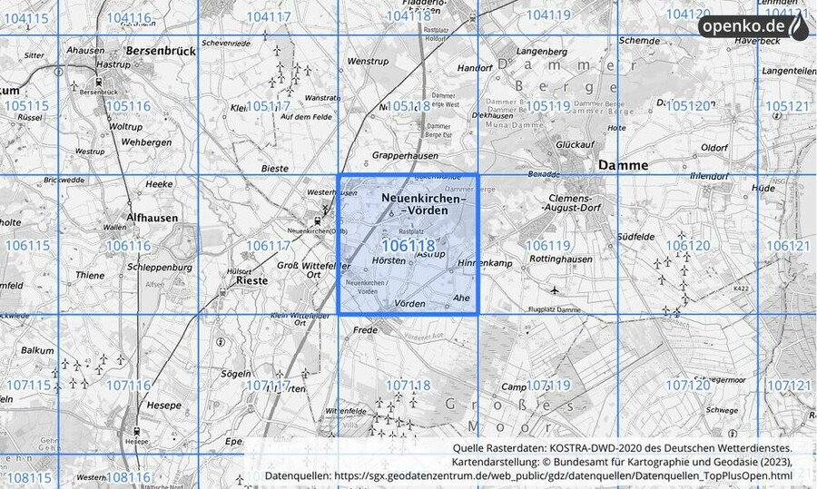 Übersichtskarte des KOSTRA-DWD-2020-Rasterfeldes Nr. 106118