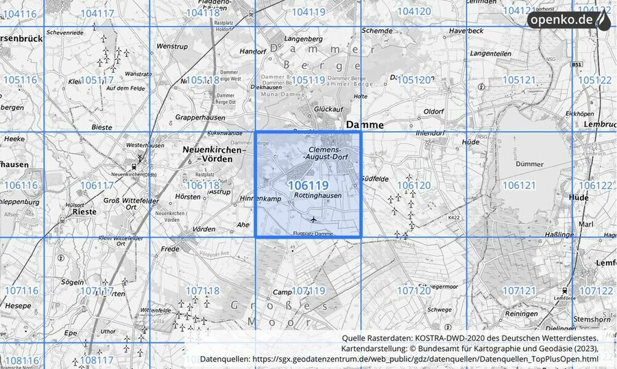 Übersichtskarte des KOSTRA-DWD-2020-Rasterfeldes Nr. 106119