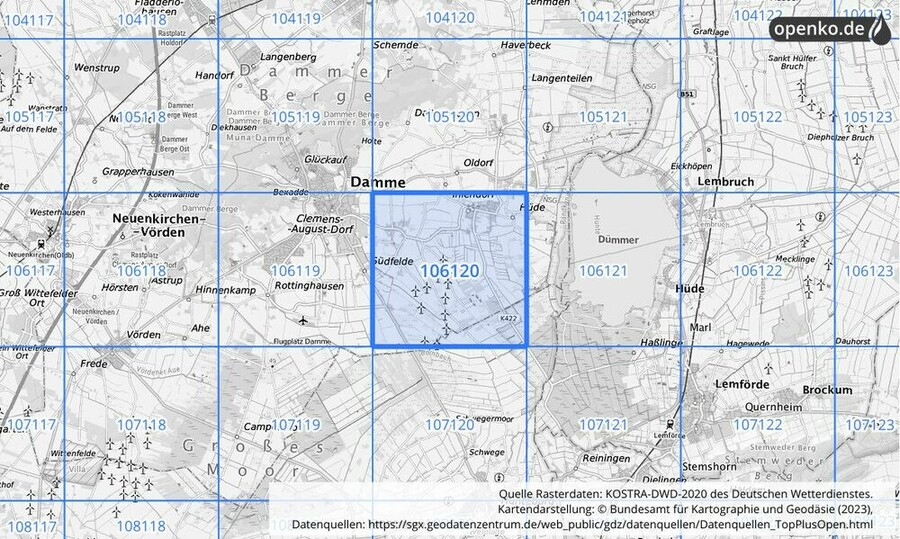 Übersichtskarte des KOSTRA-DWD-2020-Rasterfeldes Nr. 106120