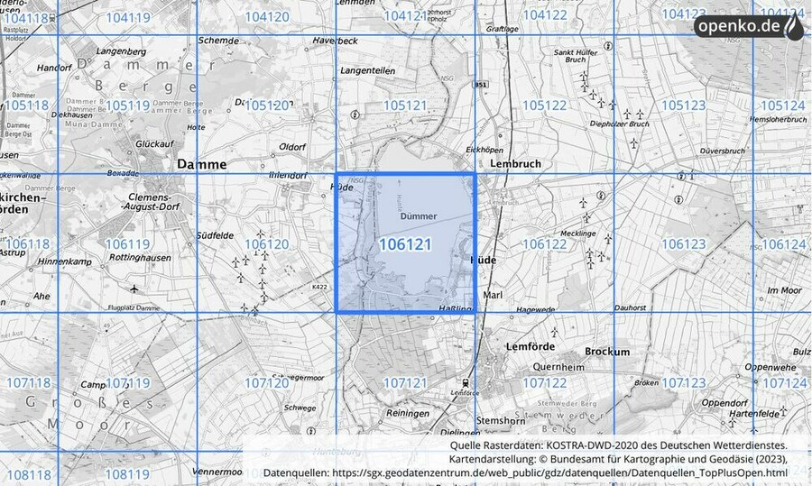 Übersichtskarte des KOSTRA-DWD-2020-Rasterfeldes Nr. 106121