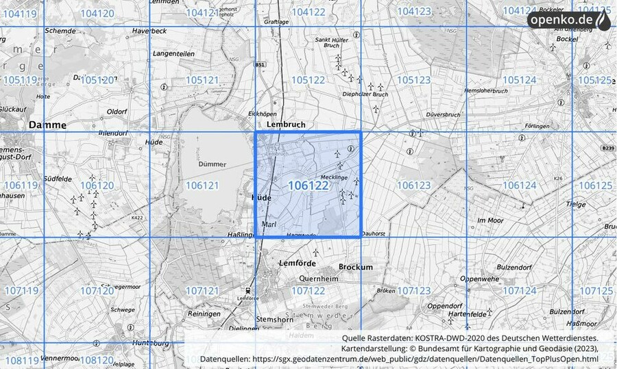 Übersichtskarte des KOSTRA-DWD-2020-Rasterfeldes Nr. 106122