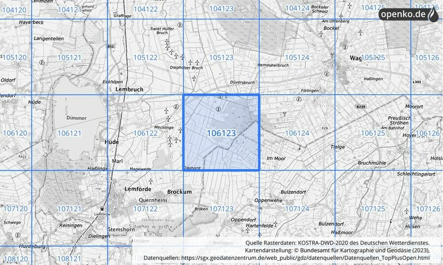 Übersichtskarte des KOSTRA-DWD-2020-Rasterfeldes Nr. 106123