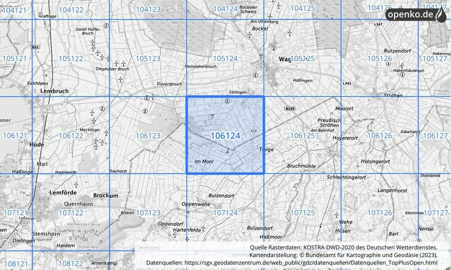 Übersichtskarte des KOSTRA-DWD-2020-Rasterfeldes Nr. 106124