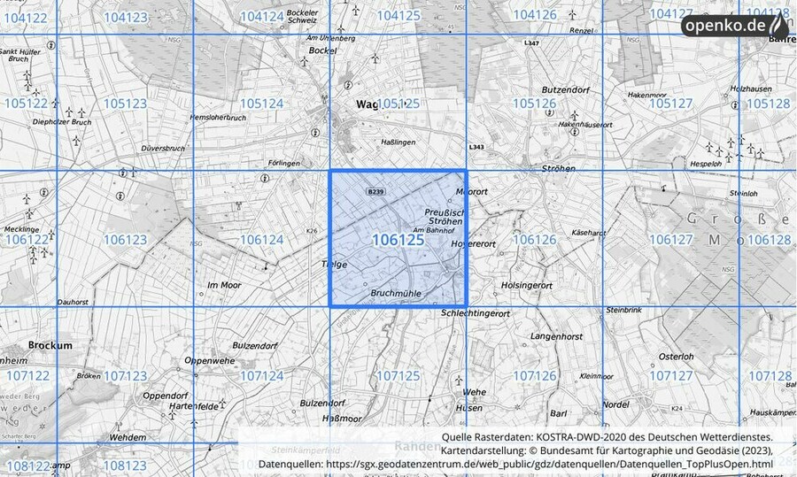 Übersichtskarte des KOSTRA-DWD-2020-Rasterfeldes Nr. 106125