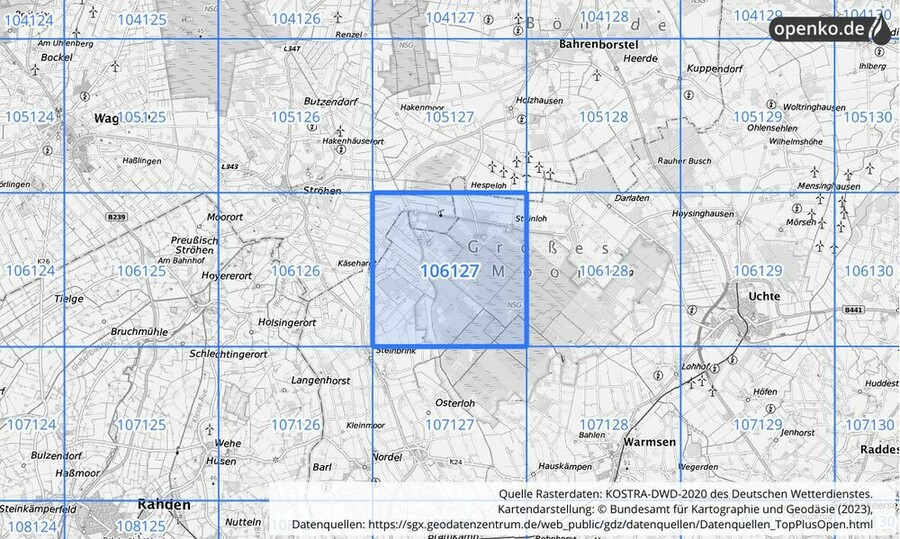 Übersichtskarte des KOSTRA-DWD-2020-Rasterfeldes Nr. 106127