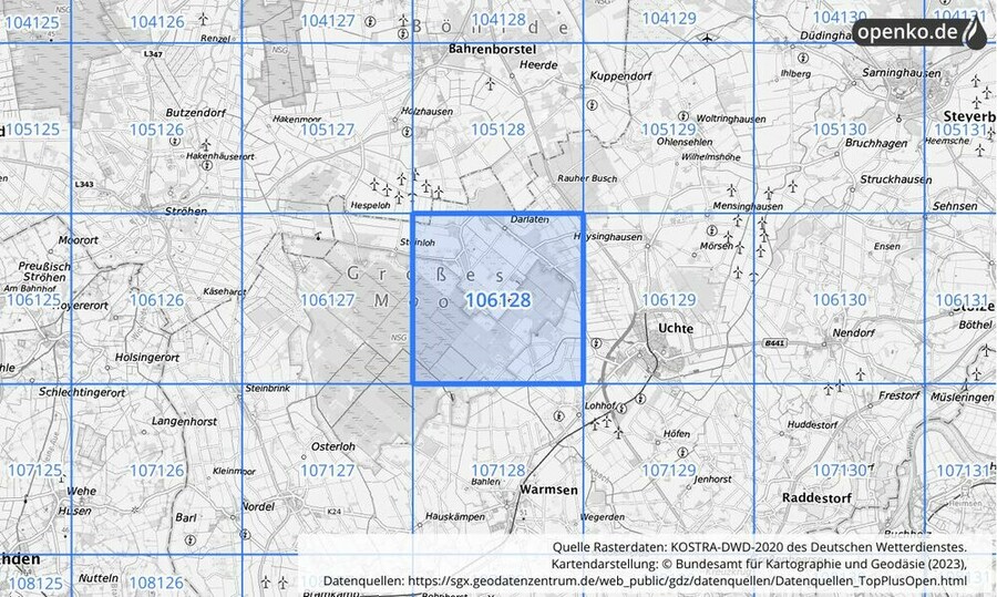 Übersichtskarte des KOSTRA-DWD-2020-Rasterfeldes Nr. 106128