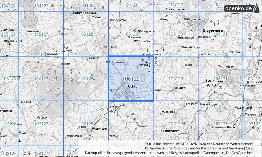 Übersichtskarte des KOSTRA-DWD-2020-Rasterfeldes Nr. 106129