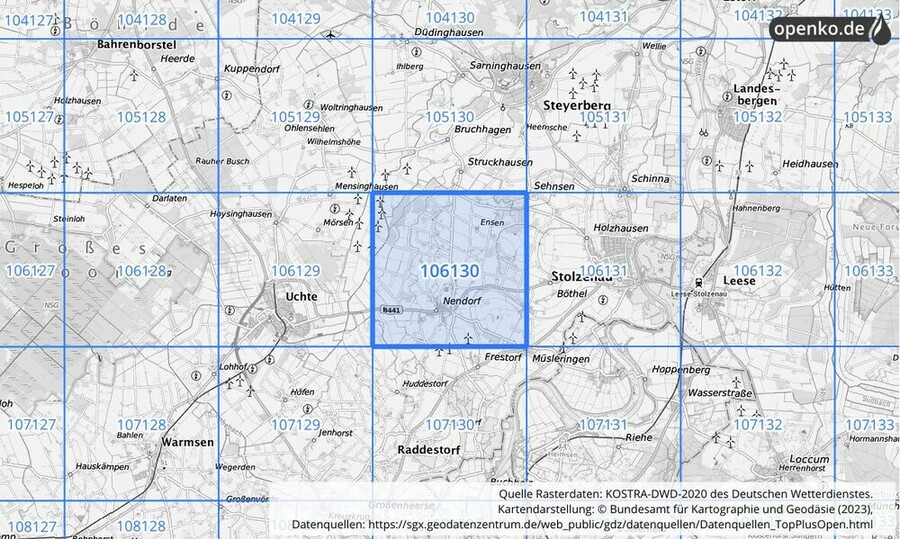 Übersichtskarte des KOSTRA-DWD-2020-Rasterfeldes Nr. 106130