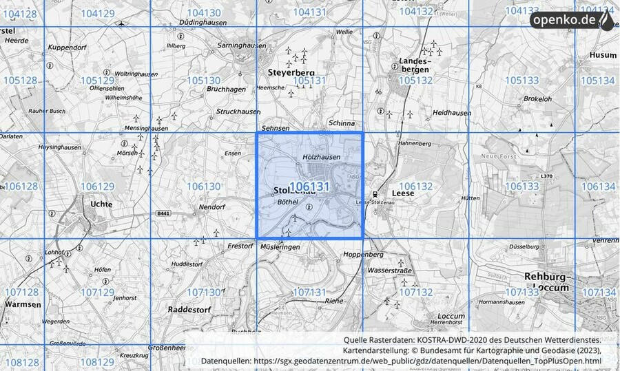 Übersichtskarte des KOSTRA-DWD-2020-Rasterfeldes Nr. 106131