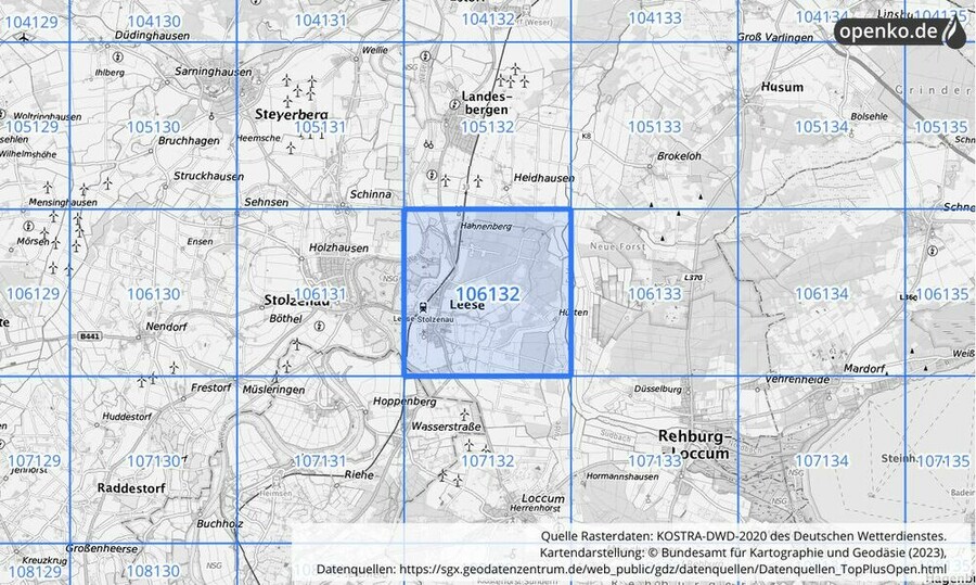 Übersichtskarte des KOSTRA-DWD-2020-Rasterfeldes Nr. 106132