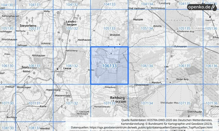 Übersichtskarte des KOSTRA-DWD-2020-Rasterfeldes Nr. 106133