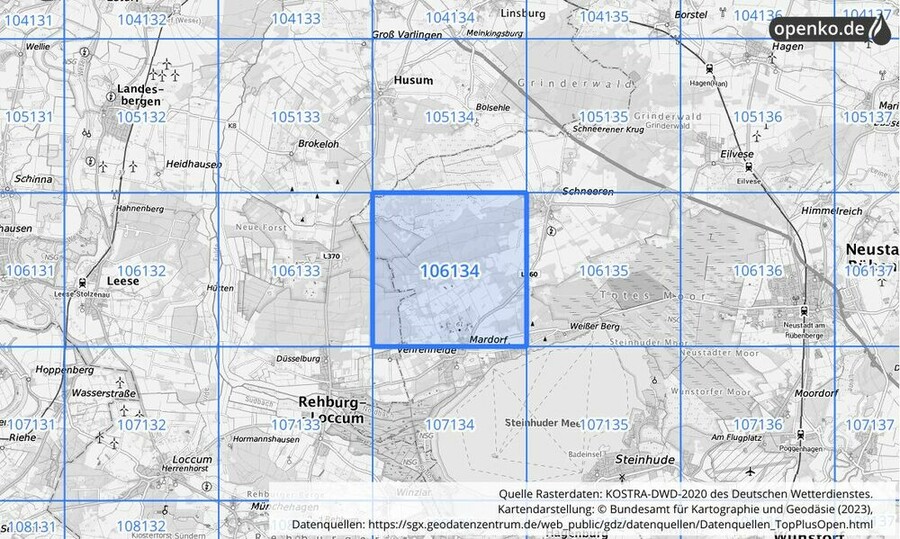 Übersichtskarte des KOSTRA-DWD-2020-Rasterfeldes Nr. 106134