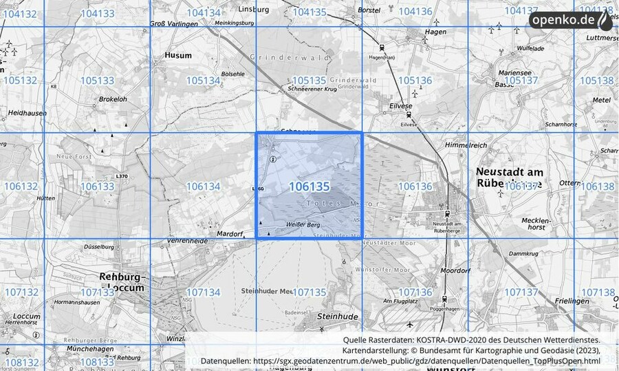 Übersichtskarte des KOSTRA-DWD-2020-Rasterfeldes Nr. 106135