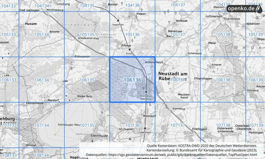 Übersichtskarte des KOSTRA-DWD-2020-Rasterfeldes Nr. 106136