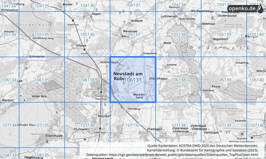 Übersichtskarte des KOSTRA-DWD-2020-Rasterfeldes Nr. 106137