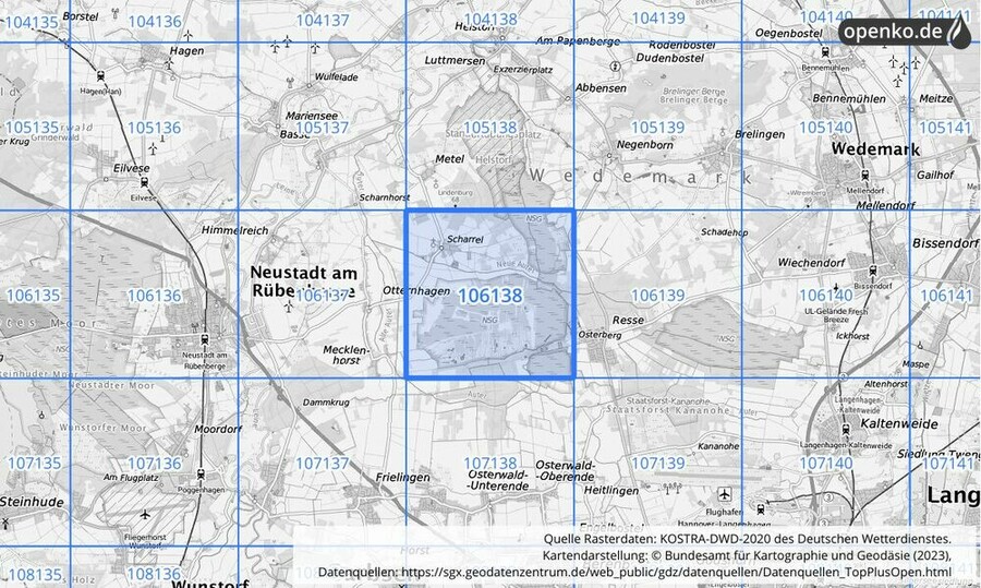 Übersichtskarte des KOSTRA-DWD-2020-Rasterfeldes Nr. 106138