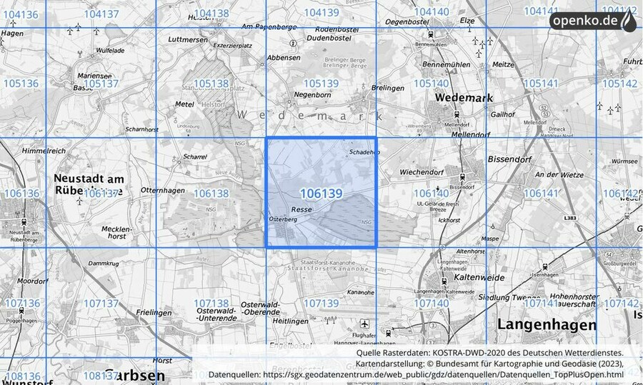 Übersichtskarte des KOSTRA-DWD-2020-Rasterfeldes Nr. 106139