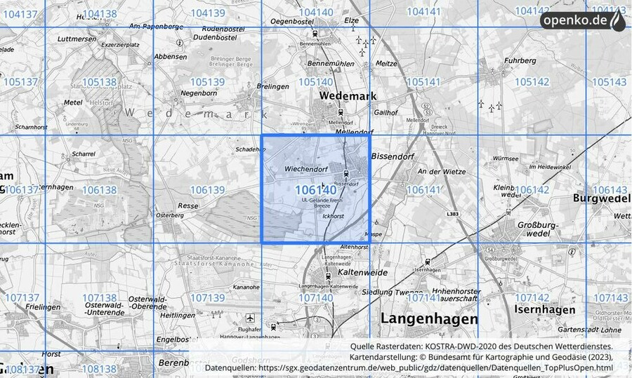 Übersichtskarte des KOSTRA-DWD-2020-Rasterfeldes Nr. 106140