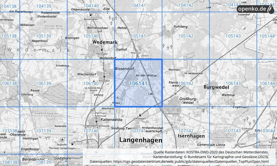 Übersichtskarte des KOSTRA-DWD-2020-Rasterfeldes Nr. 106141