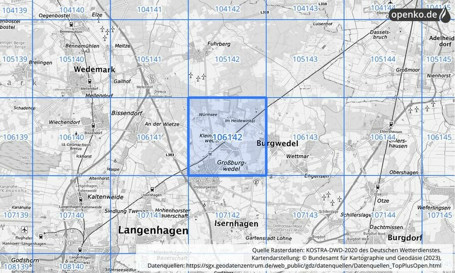 Übersichtskarte des KOSTRA-DWD-2020-Rasterfeldes Nr. 106142