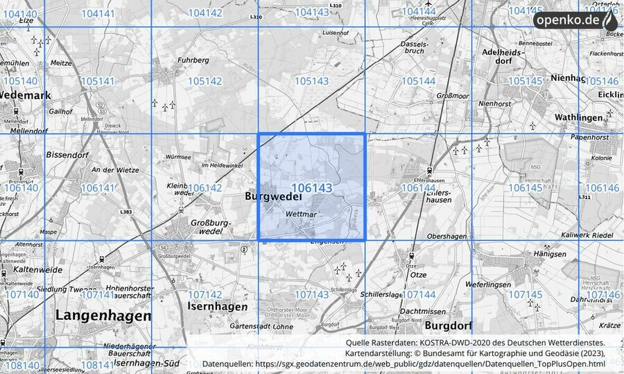 Übersichtskarte des KOSTRA-DWD-2020-Rasterfeldes Nr. 106143