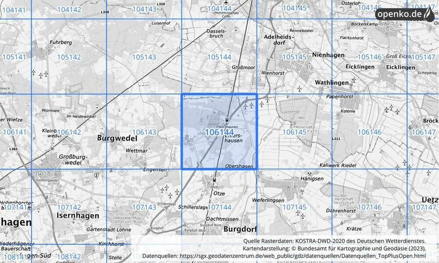 Übersichtskarte des KOSTRA-DWD-2020-Rasterfeldes Nr. 106144