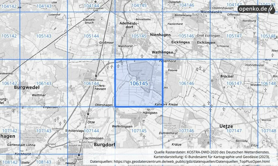 Übersichtskarte des KOSTRA-DWD-2020-Rasterfeldes Nr. 106145