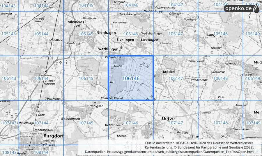 Übersichtskarte des KOSTRA-DWD-2020-Rasterfeldes Nr. 106146