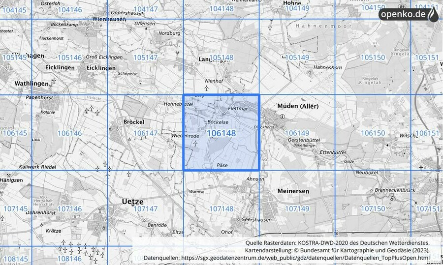 Übersichtskarte des KOSTRA-DWD-2020-Rasterfeldes Nr. 106148