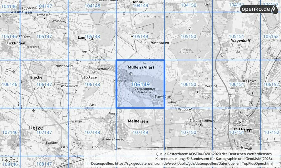 Übersichtskarte des KOSTRA-DWD-2020-Rasterfeldes Nr. 106149