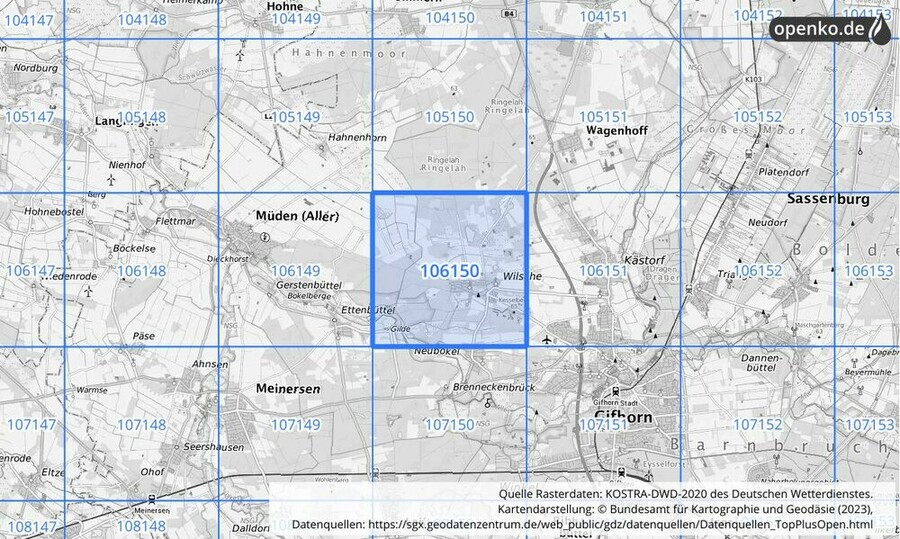 Übersichtskarte des KOSTRA-DWD-2020-Rasterfeldes Nr. 106150