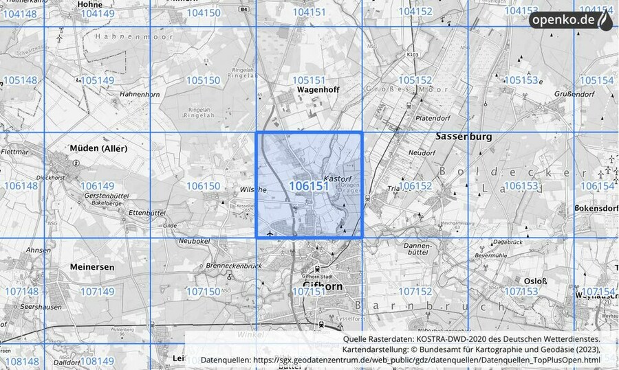 Übersichtskarte des KOSTRA-DWD-2020-Rasterfeldes Nr. 106151