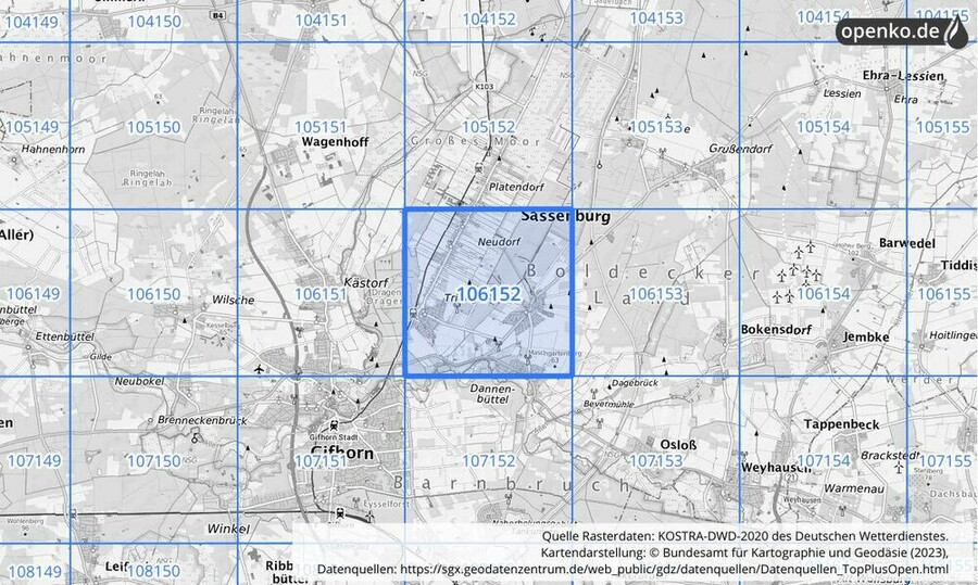 Übersichtskarte des KOSTRA-DWD-2020-Rasterfeldes Nr. 106152