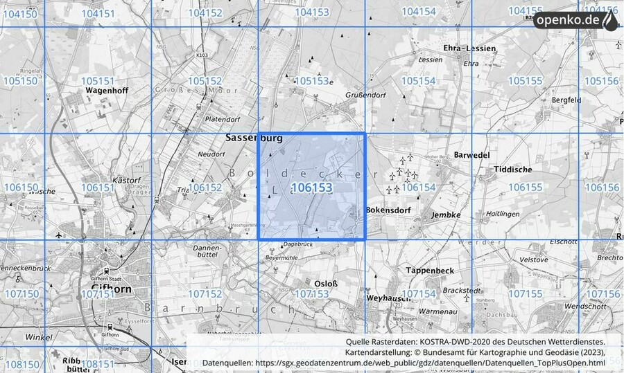 Übersichtskarte des KOSTRA-DWD-2020-Rasterfeldes Nr. 106153