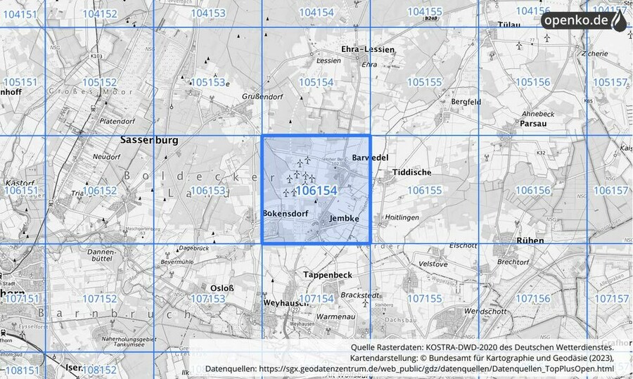 Übersichtskarte des KOSTRA-DWD-2020-Rasterfeldes Nr. 106154