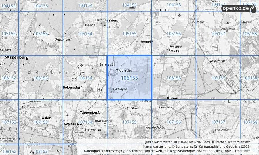 Übersichtskarte des KOSTRA-DWD-2020-Rasterfeldes Nr. 106155