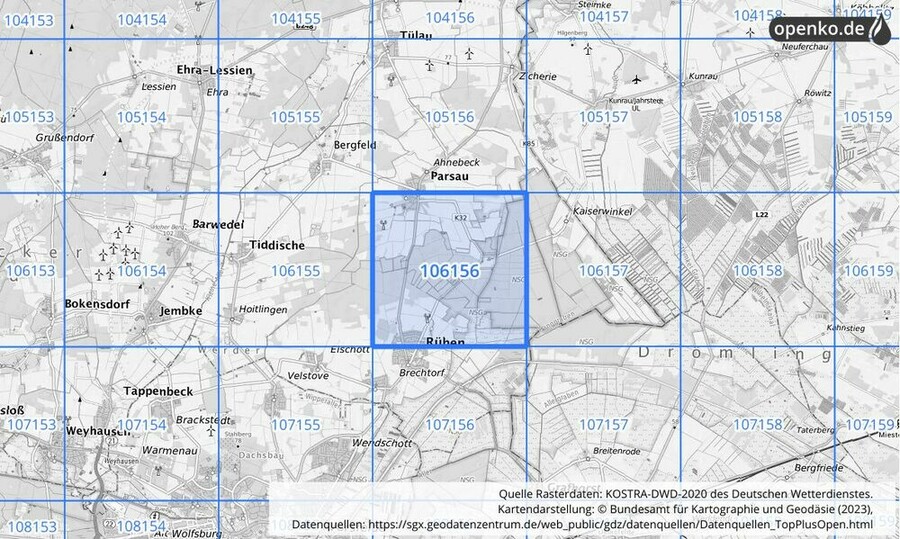 Übersichtskarte des KOSTRA-DWD-2020-Rasterfeldes Nr. 106156