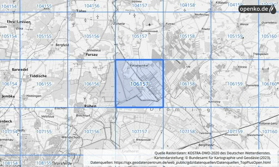 Übersichtskarte des KOSTRA-DWD-2020-Rasterfeldes Nr. 106157