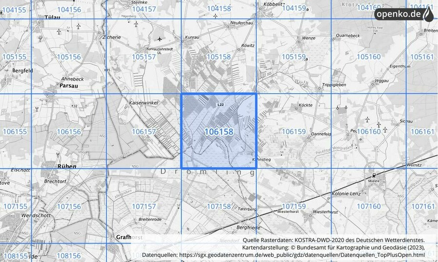 Übersichtskarte des KOSTRA-DWD-2020-Rasterfeldes Nr. 106158