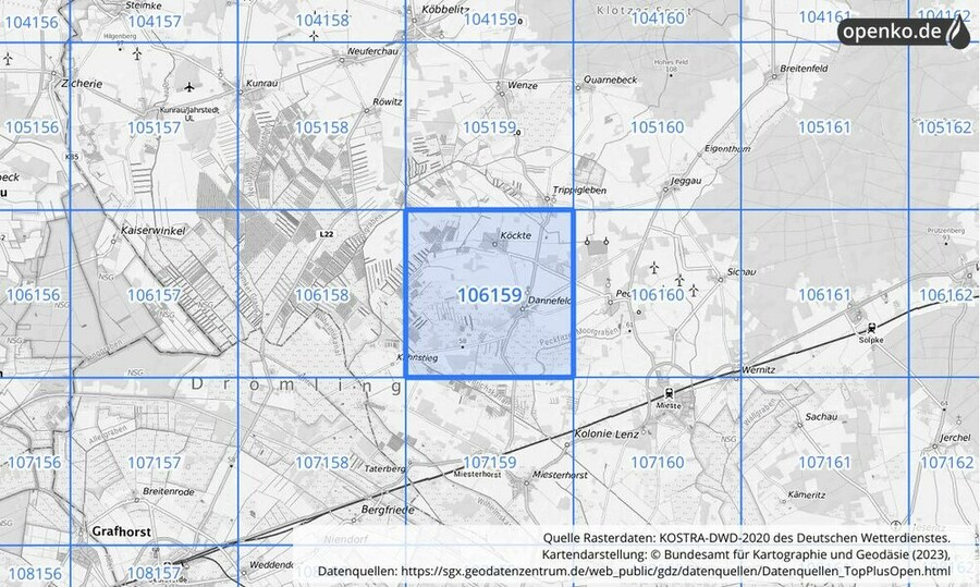 Übersichtskarte des KOSTRA-DWD-2020-Rasterfeldes Nr. 106159