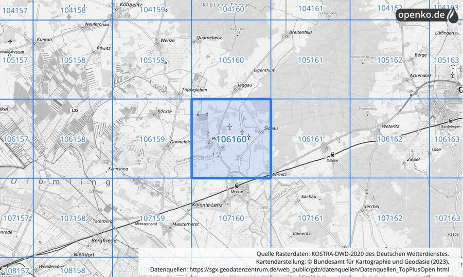 Übersichtskarte des KOSTRA-DWD-2020-Rasterfeldes Nr. 106160