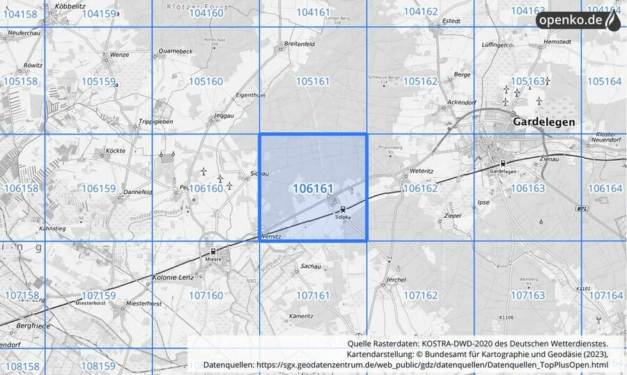 Übersichtskarte des KOSTRA-DWD-2020-Rasterfeldes Nr. 106161