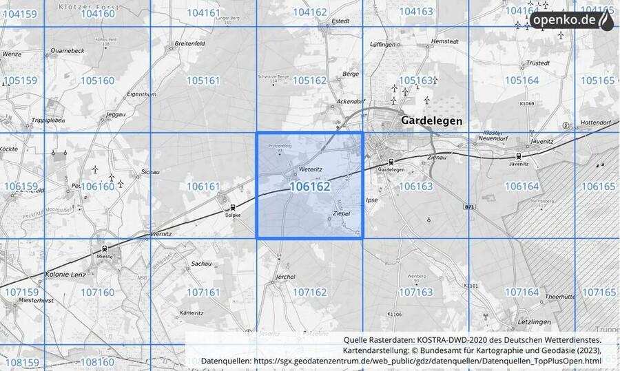 Übersichtskarte des KOSTRA-DWD-2020-Rasterfeldes Nr. 106162