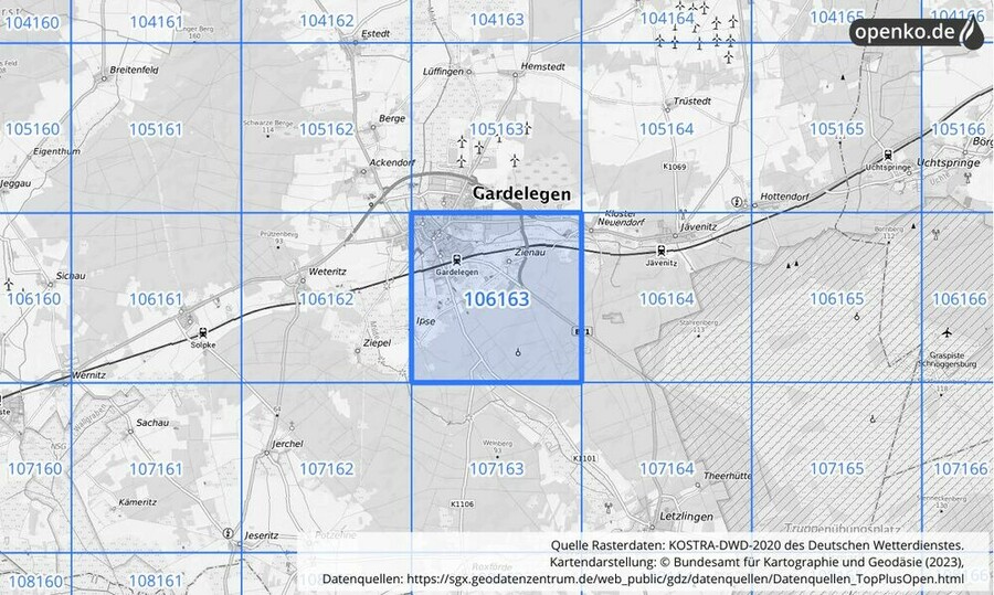 Übersichtskarte des KOSTRA-DWD-2020-Rasterfeldes Nr. 106163