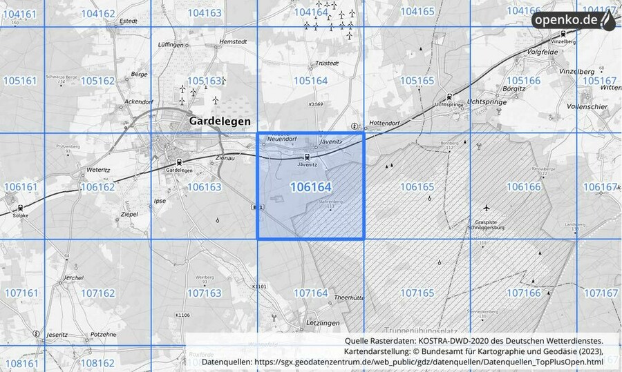 Übersichtskarte des KOSTRA-DWD-2020-Rasterfeldes Nr. 106164